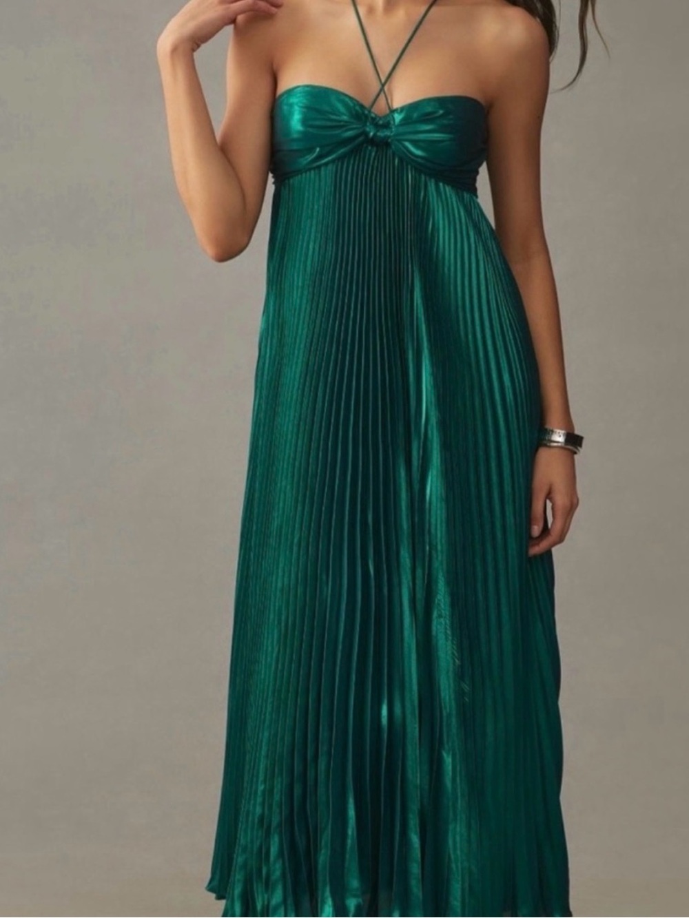 Strapless Emerald Pleated Maxi Dress